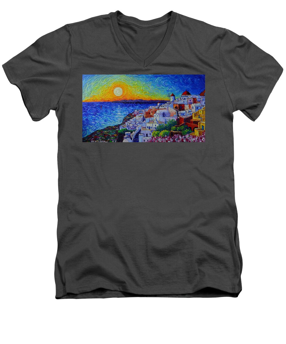 Santorini Men's V-Neck T-Shirt featuring the painting SANTORINI OIA SUNSET modern impressionist impasto palette knife oil painting by Ana Maria Edulescu by Ana Maria Edulescu