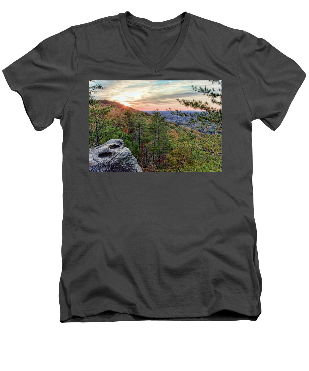 Sawnee Men's V-Neck T-Shirt featuring the photograph Sawnee Mountain and the Indian Seats by Anna Rumiantseva