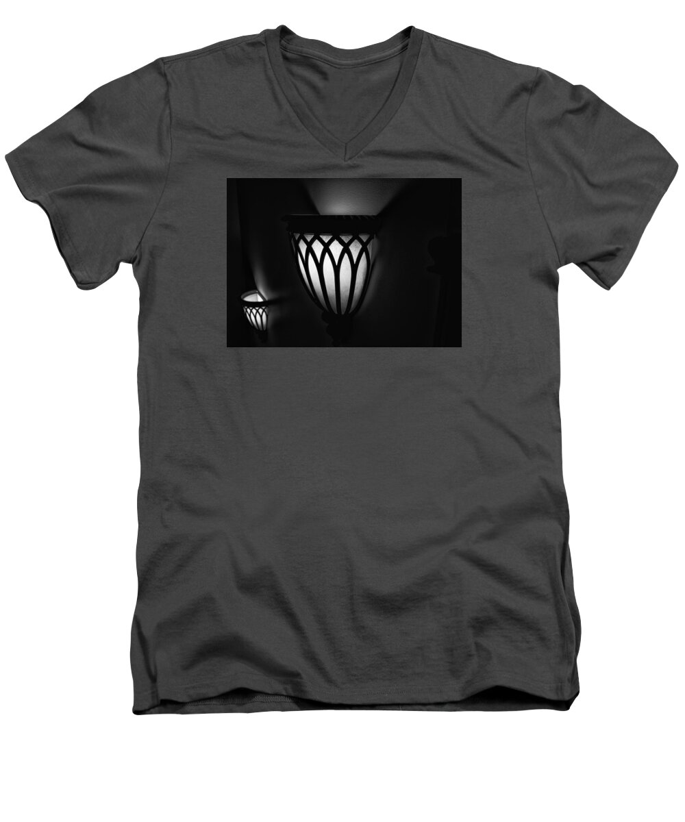 Sconces Men's V-Neck T-Shirt featuring the photograph Sconces Illuminating the Dark by Gary Karlsen
