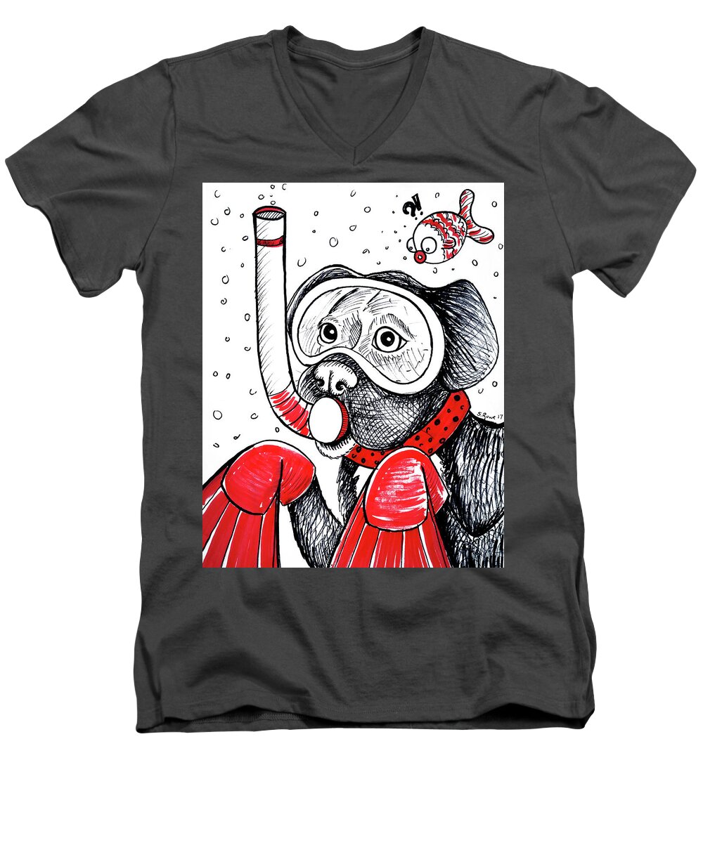 Scuba Dog Men's V-Neck T-Shirt featuring the drawing Scuba Dooby Dog by Shawna Rowe