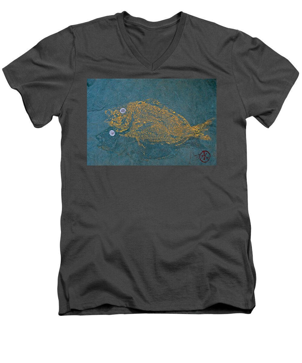 Gyotaku Men's V-Neck T-Shirt featuring the mixed media Scup / Porgie Shadow by Jeffrey Canha