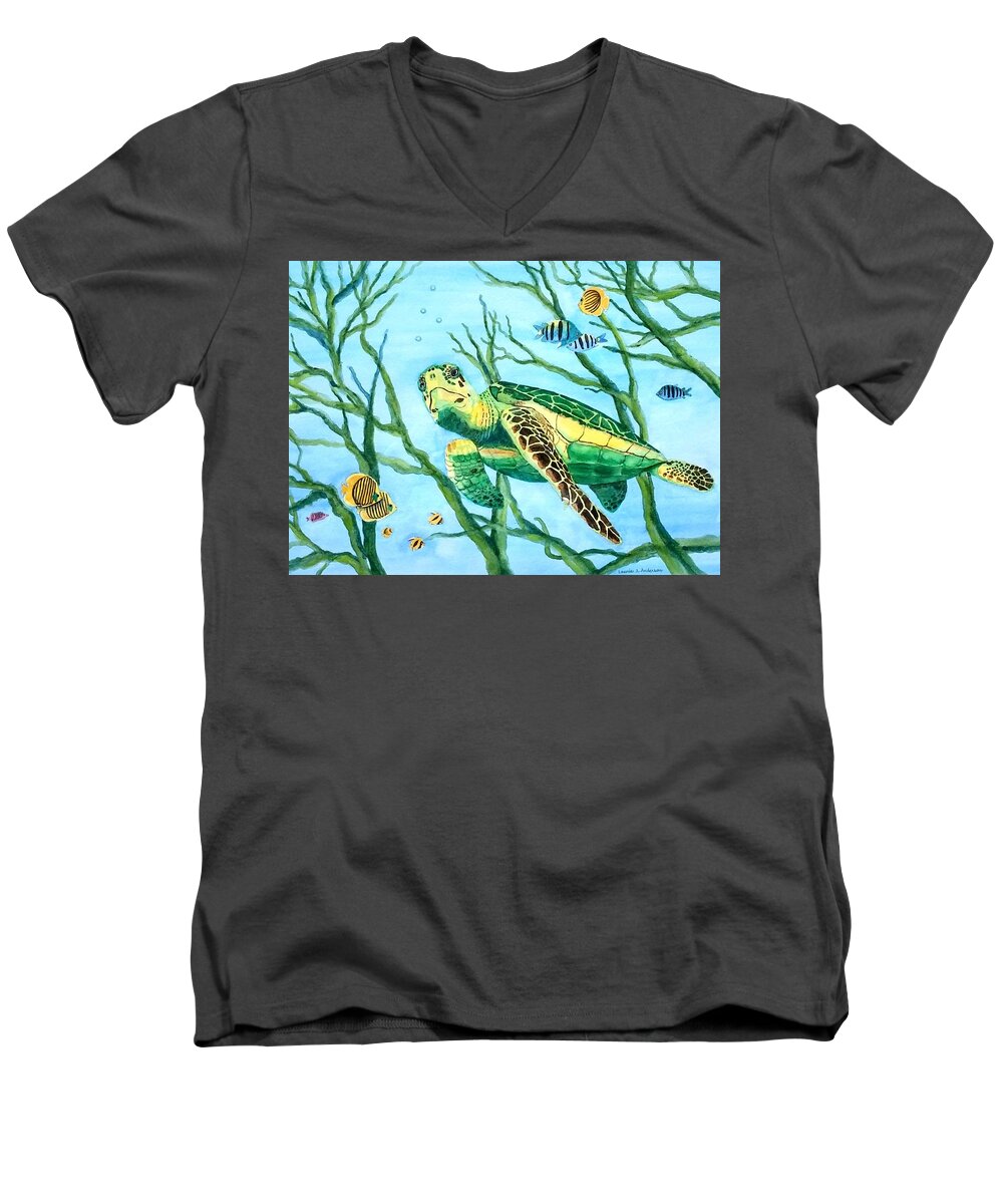 Sea Turtle Men's V-Neck T-Shirt featuring the painting Sea Turtle Series #3 by Laurie Anderson
