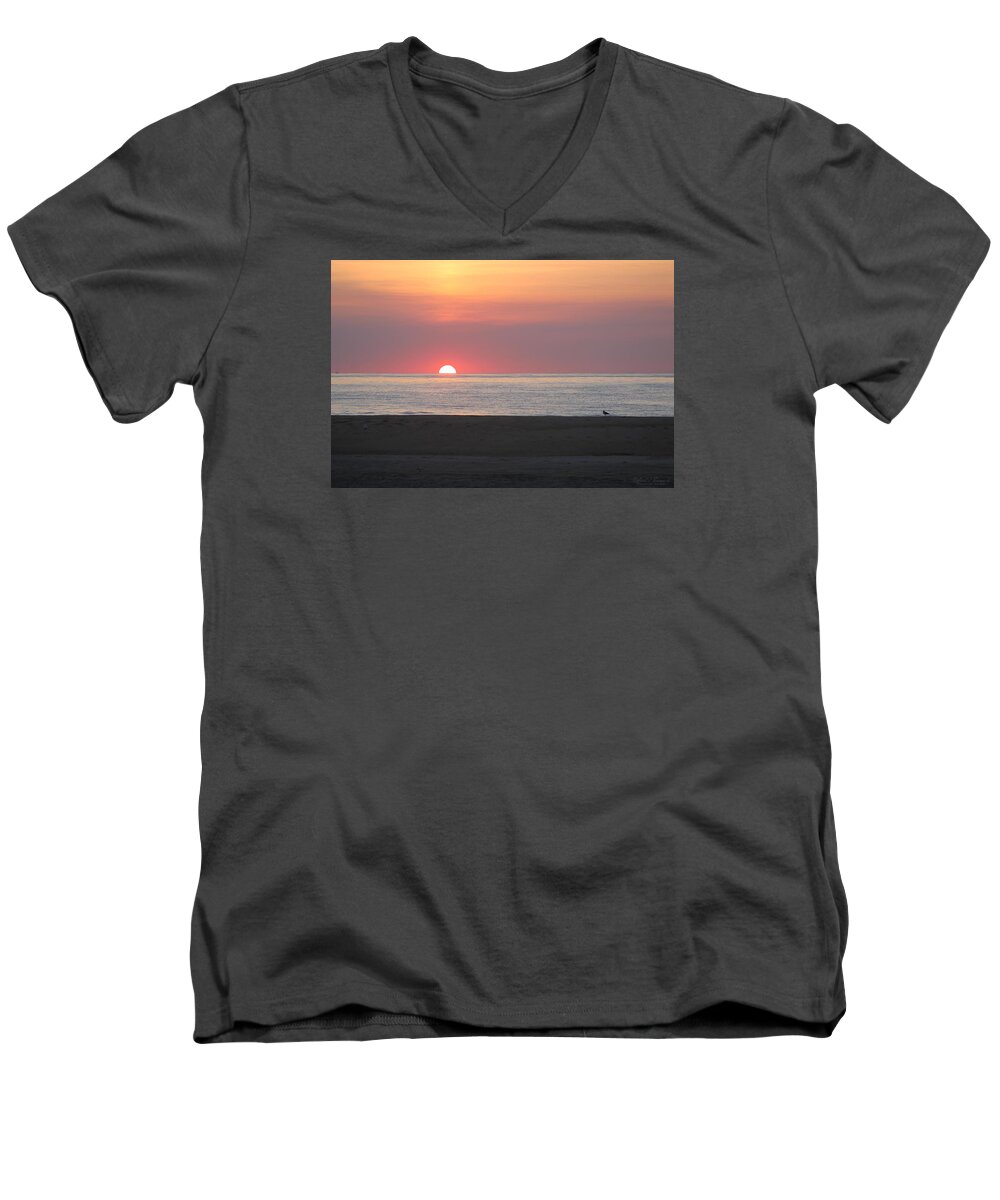 Seagull Men's V-Neck T-Shirt featuring the photograph Seagull Watching Sunrise by Robert Banach