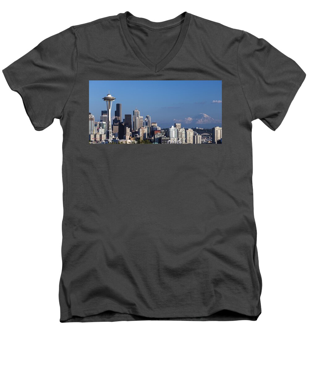 Mount Rainier Men's V-Neck T-Shirt featuring the photograph Seattle and Mt Rainier by Ed Clark