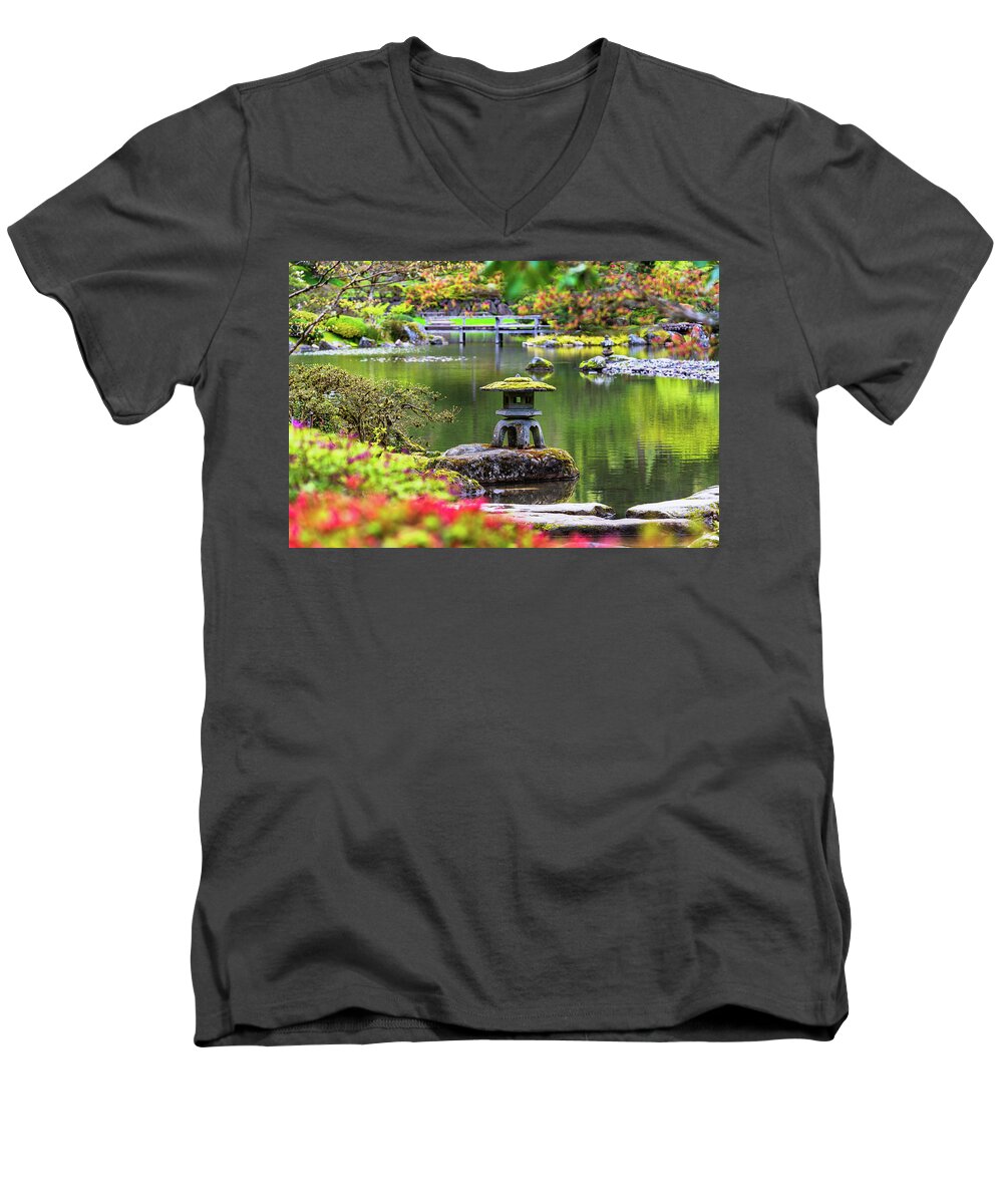 Outdoor; Garden; Plant Men's V-Neck T-Shirt featuring the digital art Seattle Japanese Garden by Michael Lee