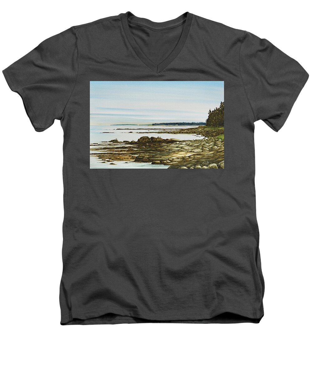 Sea Gulls Men's V-Neck T-Shirt featuring the painting Seawall Mt. Desert Island by Paul Gaj
