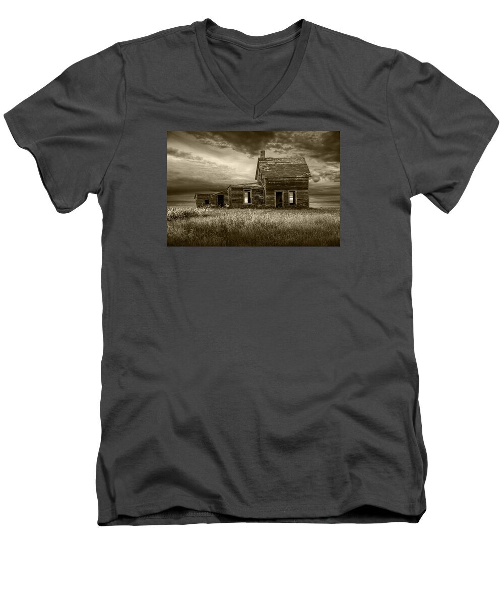 Farm Men's V-Neck T-Shirt featuring the photograph Sepia Tone of Abandoned Prairie Farm House by Randall Nyhof