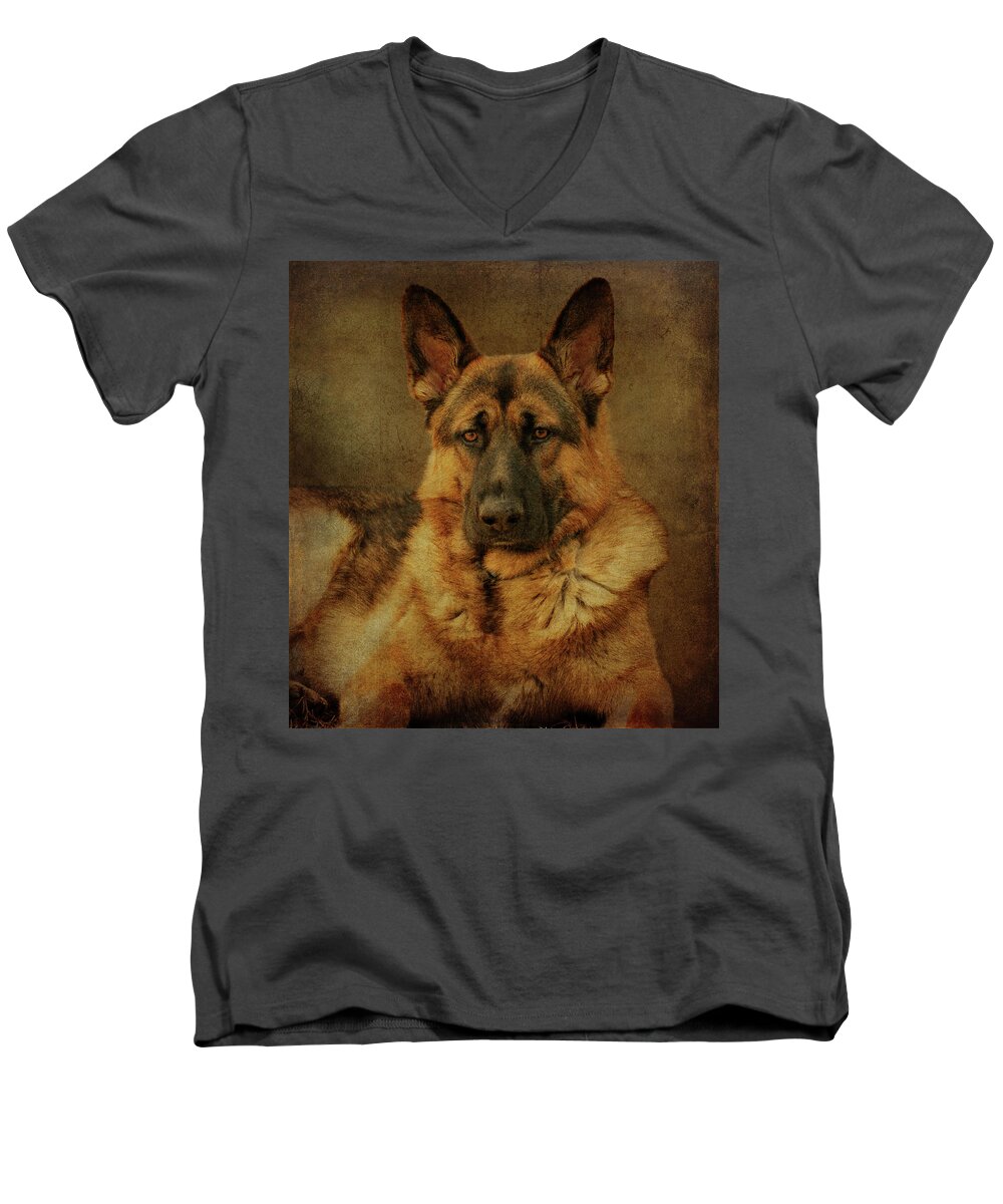 German Shepherd Dog Men's V-Neck T-Shirt featuring the photograph Serious by Sandy Keeton