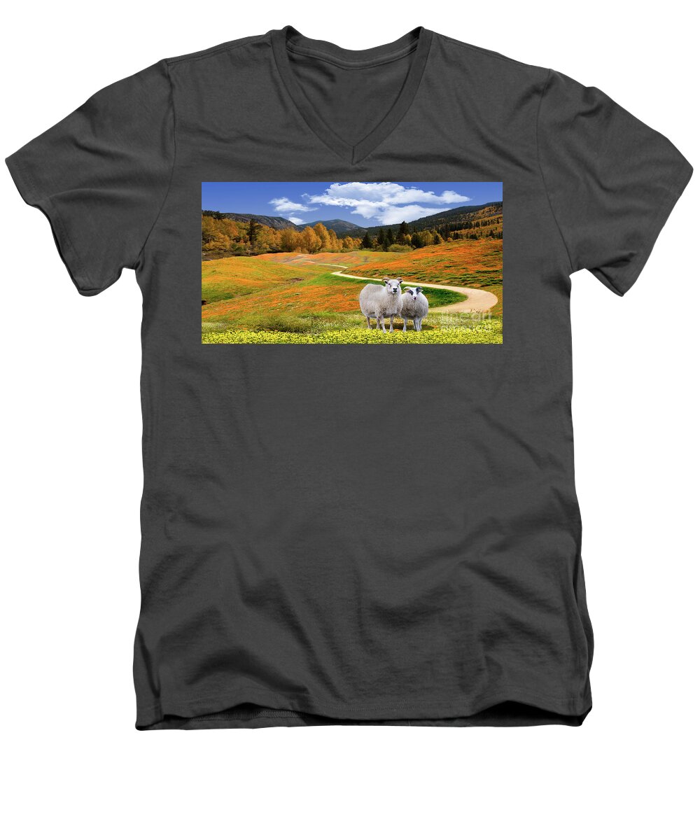 Sheep Men's V-Neck T-Shirt featuring the photograph Sheep and Road Ver 3 by Larry Mulvehill