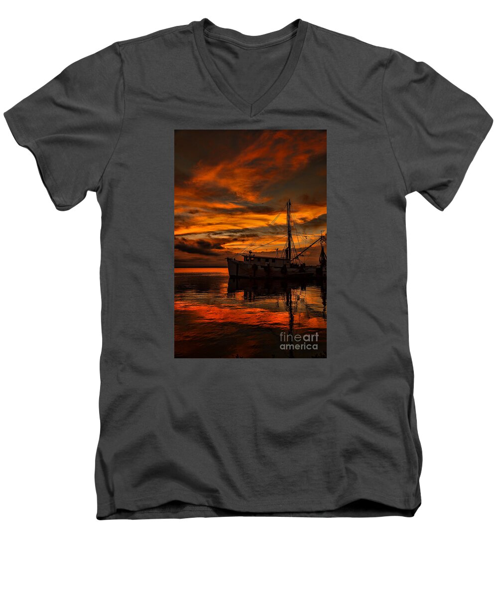 Art Prints Men's V-Neck T-Shirt featuring the photograph Shrimp Boat Sunset by Dave Bosse