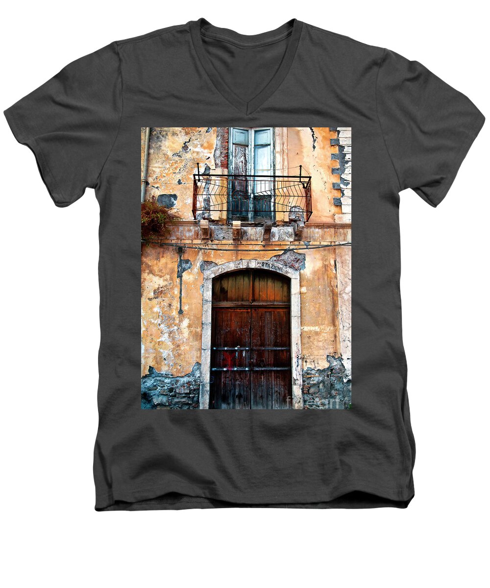 Sicily Men's V-Neck T-Shirt featuring the photograph Sicilian Facade by Silva Wischeropp
