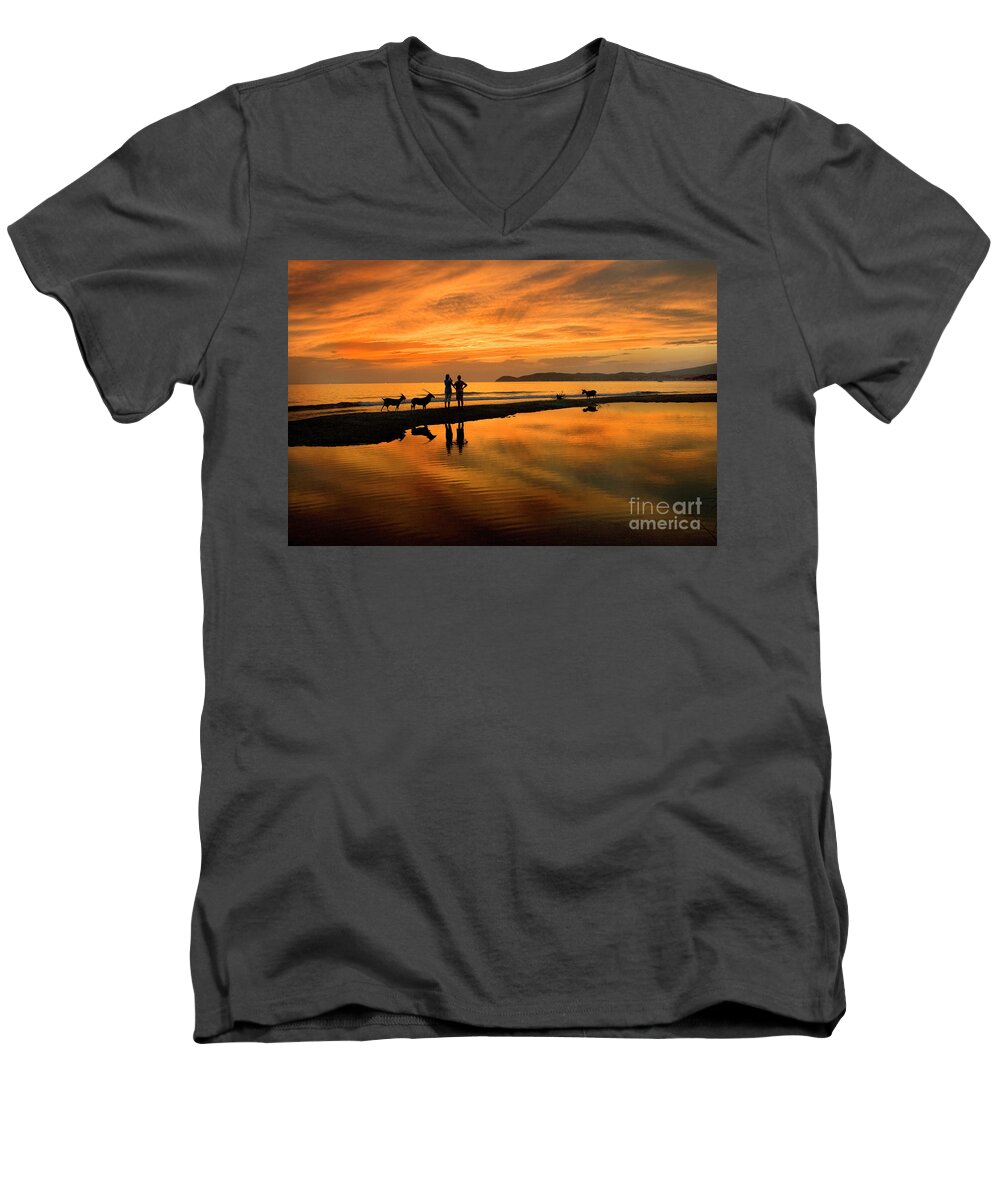 Sunset Men's V-Neck T-Shirt featuring the photograph Silhouette and Amazing Sunset in Thassos by Daliana Pacuraru