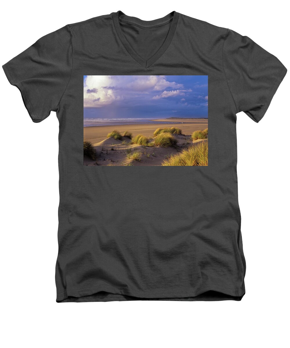 Beach Grass Men's V-Neck T-Shirt featuring the photograph Siltcoos River Mouth by Robert Potts