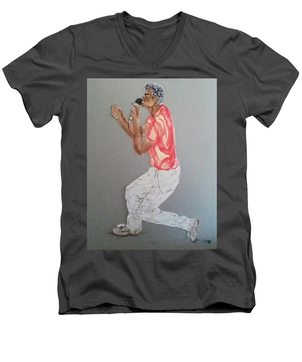 Mix Media Men's V-Neck T-Shirt featuring the mixed media Singer by Michelle Gilmore