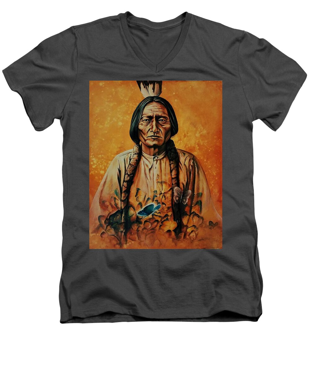 Native American Art/paintings Men's V-Neck T-Shirt featuring the painting Sitting Bull With Butterflies by DC Houle