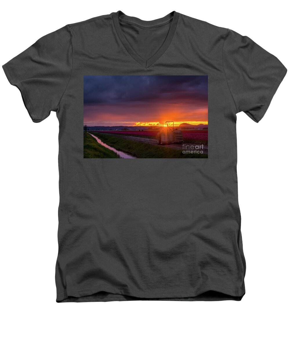 Farm Men's V-Neck T-Shirt featuring the photograph Skagit Valley Tractor Sunstar by Mike Reid