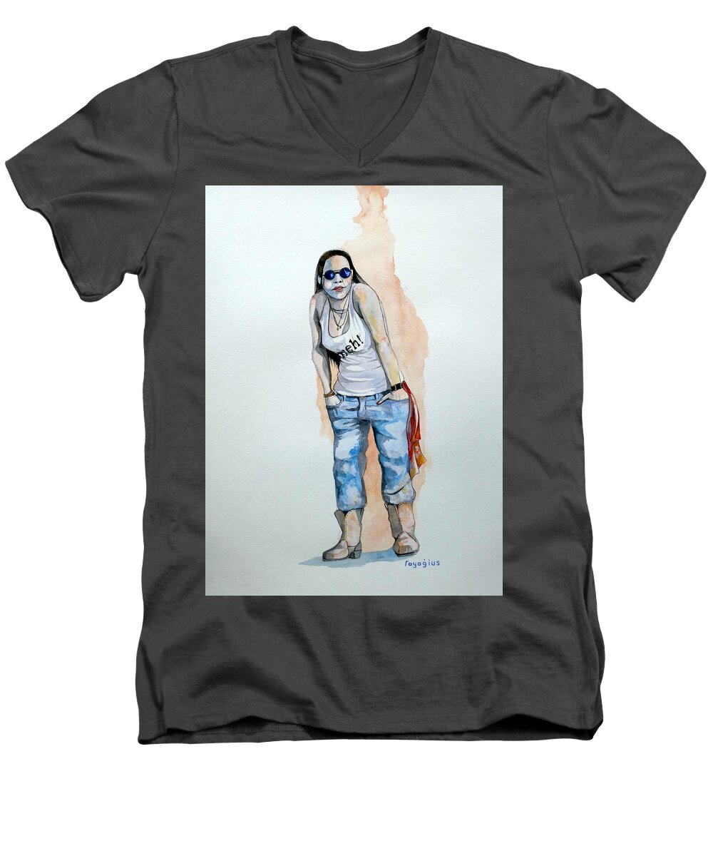 Female Men's V-Neck T-Shirt featuring the painting Sketch for Meh by Ray Agius
