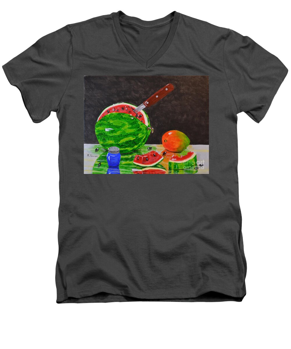 Melon Men's V-Neck T-Shirt featuring the painting Sliced Melon by Melvin Turner