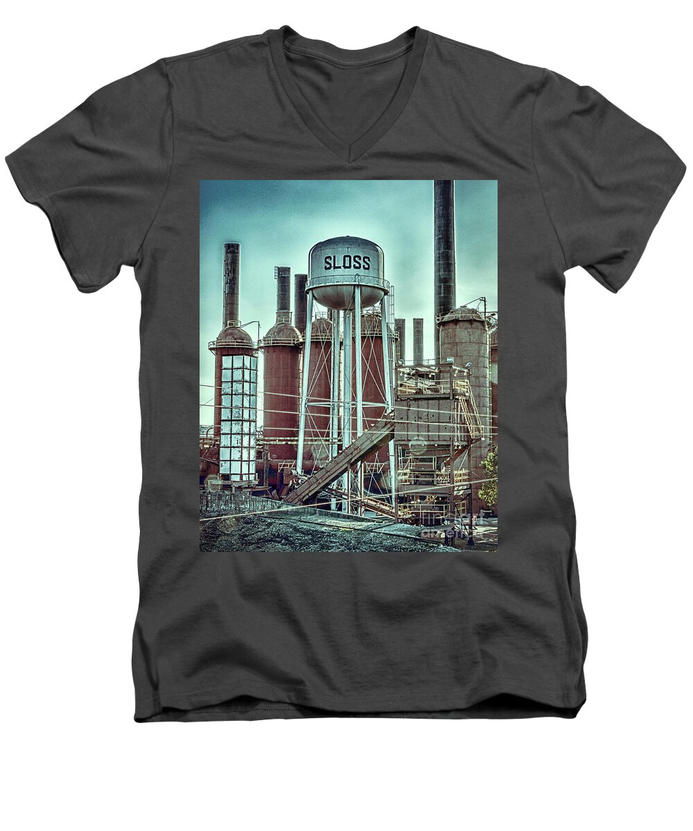 Sloss Men's V-Neck T-Shirt featuring the photograph Sloss Furnaces Tower 3 by Ken Johnson