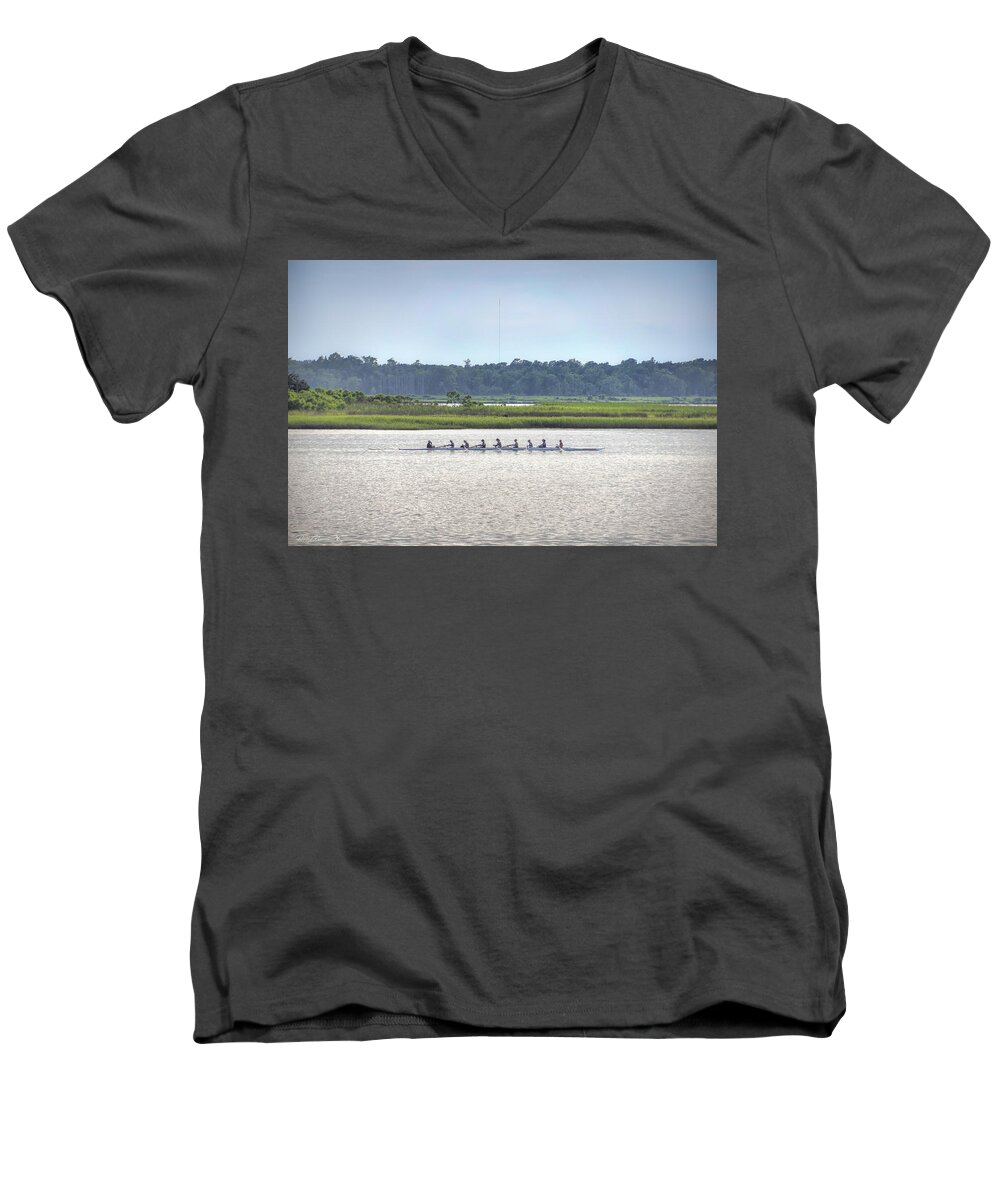 Sculling Men's V-Neck T-Shirt featuring the photograph Smoke On The Water by Phil Mancuso
