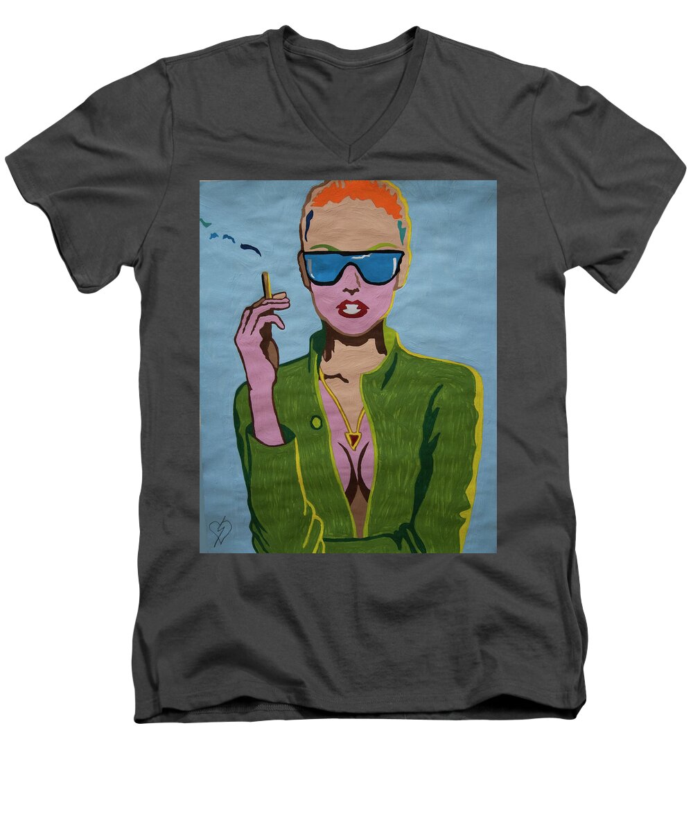 Smoking Woman Sunglasses Men's V-Neck T-Shirt featuring the painting Smoking Woman Sunglasses by Stormm Bradshaw