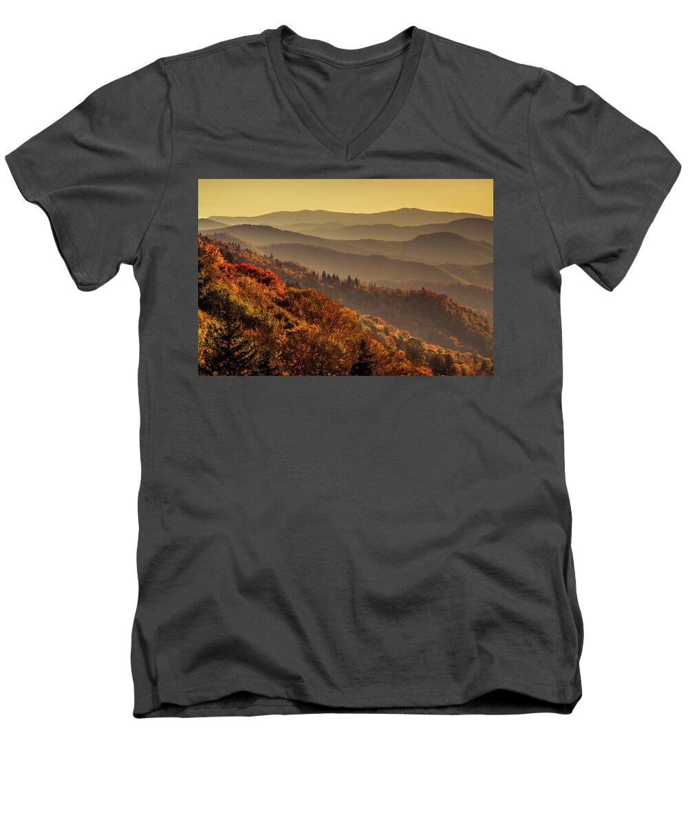 Clingmans Dome Men's V-Neck T-Shirt featuring the photograph Smoky Mountains in the Morning by Teri Virbickis