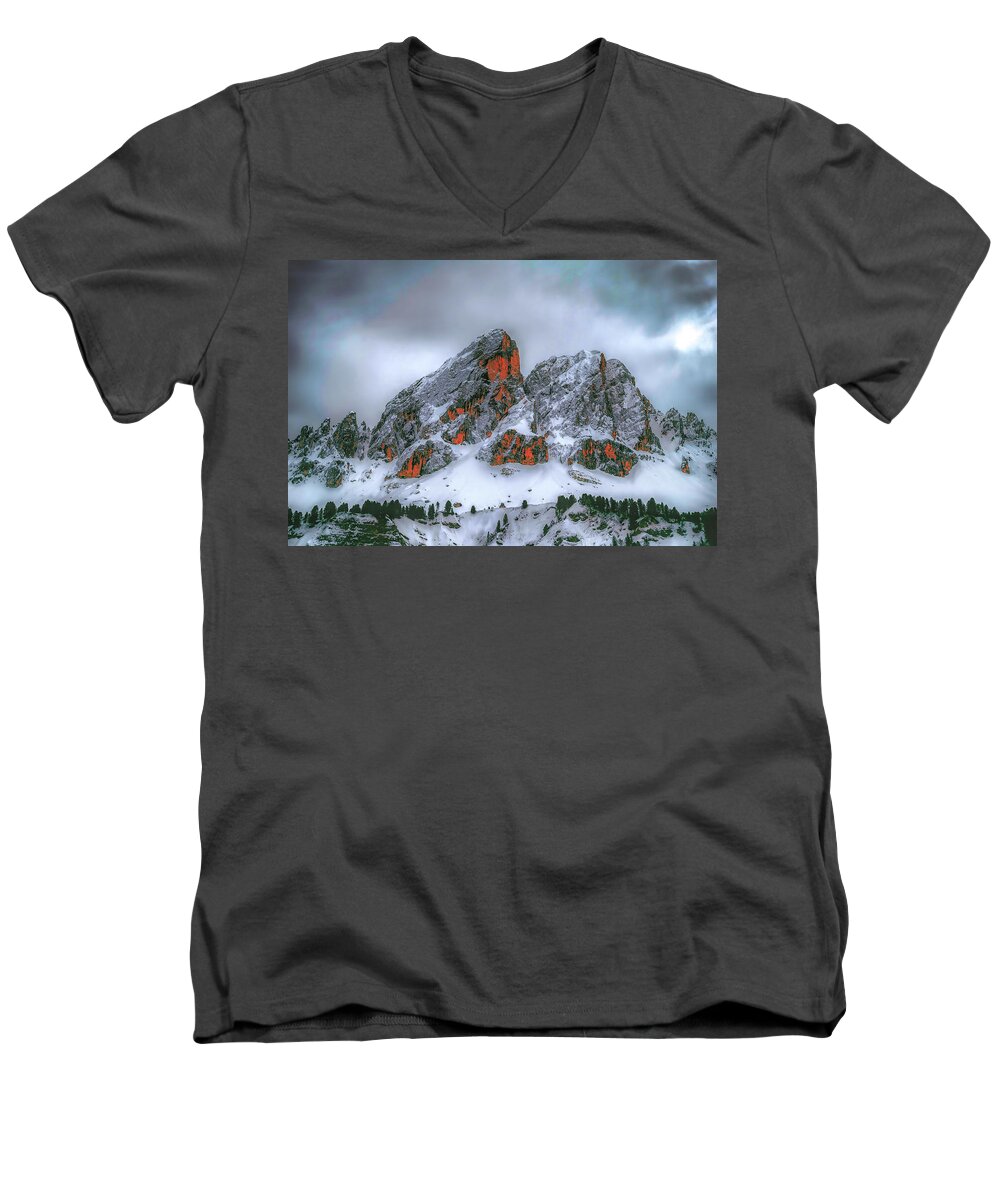 Rock Men's V-Neck T-Shirt featuring the digital art Snow and Red Rock by David Luebbert