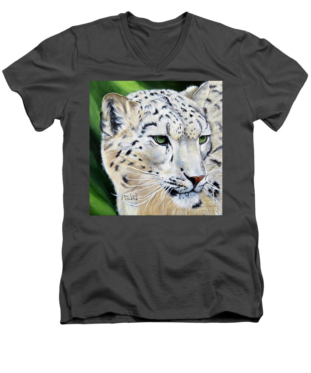 Afghanistan Men's V-Neck T-Shirt featuring the painting Snow Leopard Portrait by Marilyn McNish