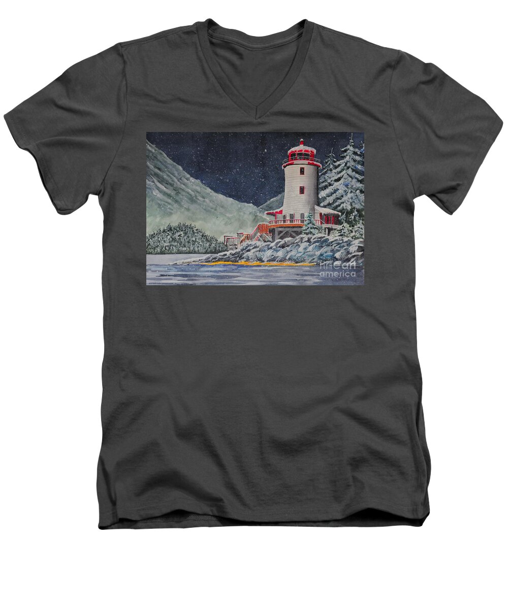 Snow Men's V-Neck T-Shirt featuring the painting Snow on Sitka Sound by John W Walker