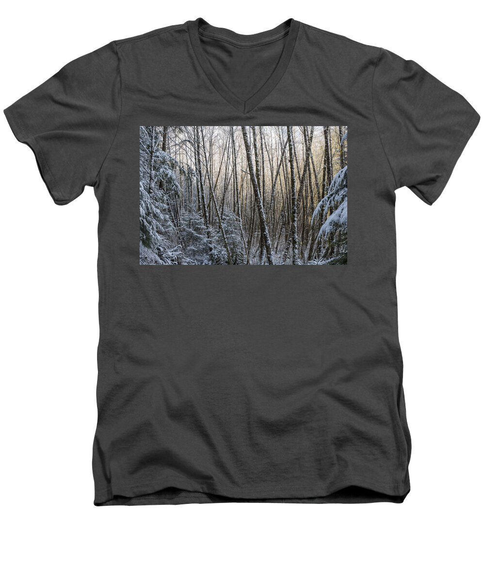 Snow Men's V-Neck T-Shirt featuring the photograph Snow on the Alders by Robert Potts