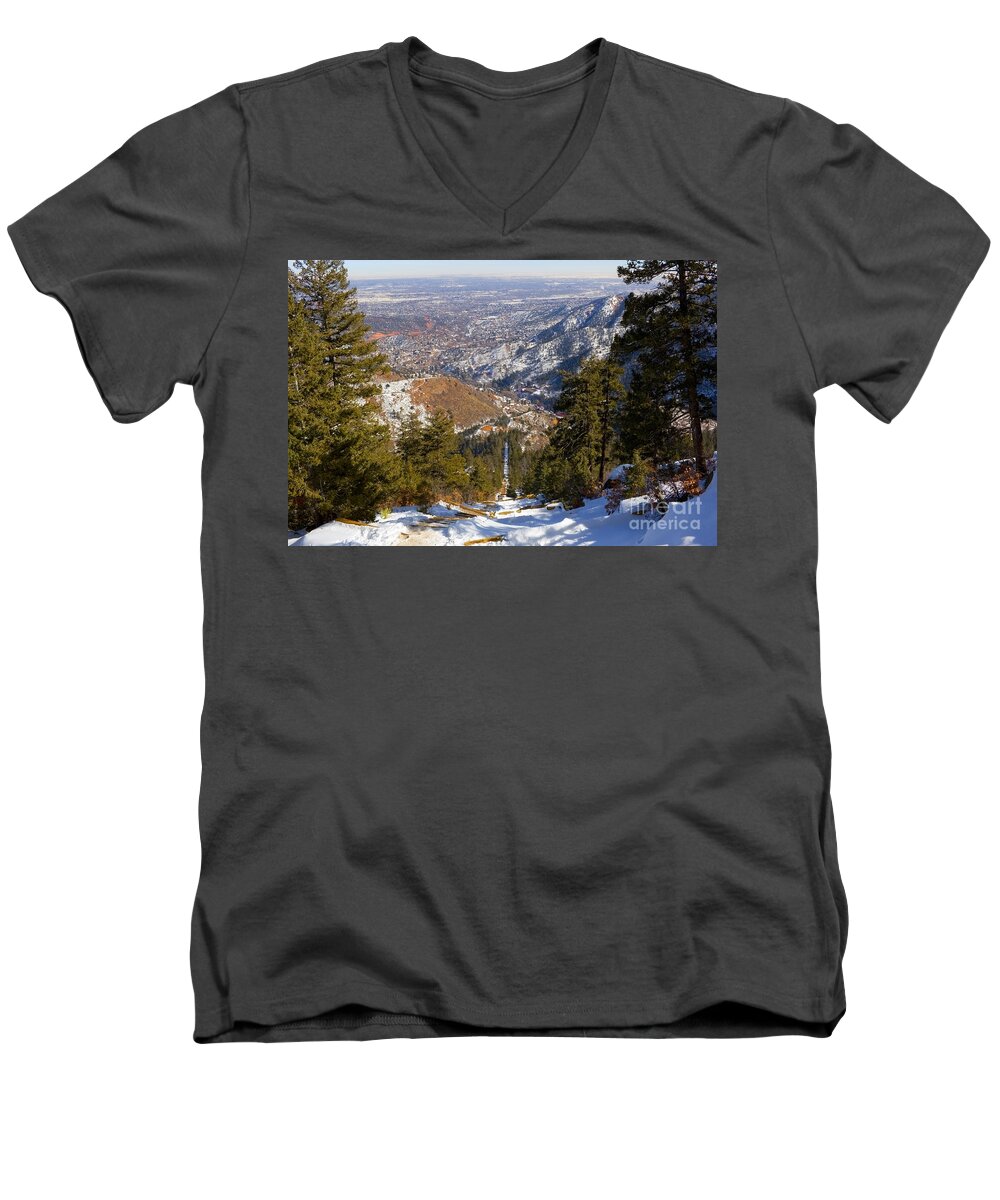 Climbing Men's V-Neck T-Shirt featuring the photograph Snow on the Manitou Incline in Wintertime by Steven Krull