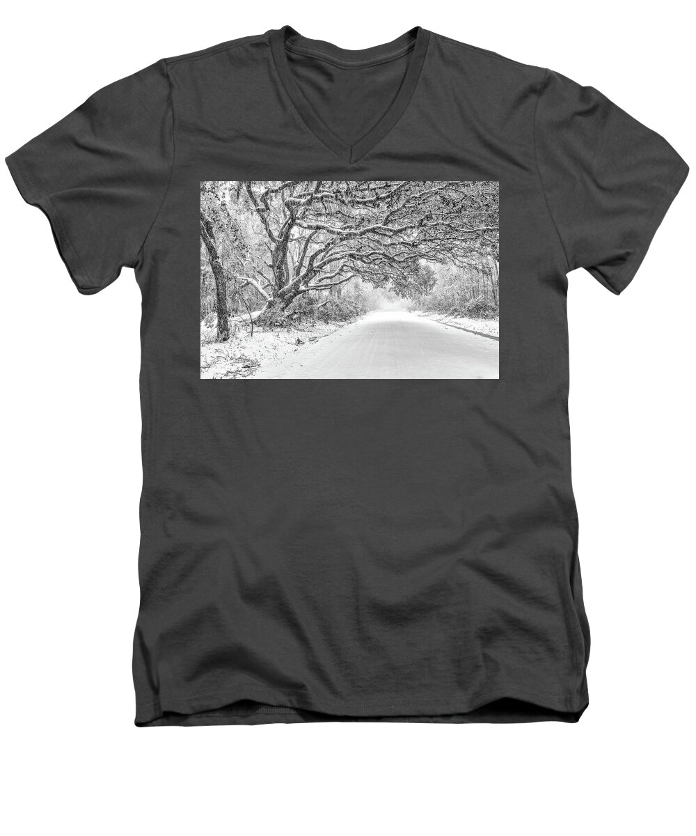 Snow Men's V-Neck T-Shirt featuring the photograph Snow On Witsell Rd - Oak Tree by Scott Hansen