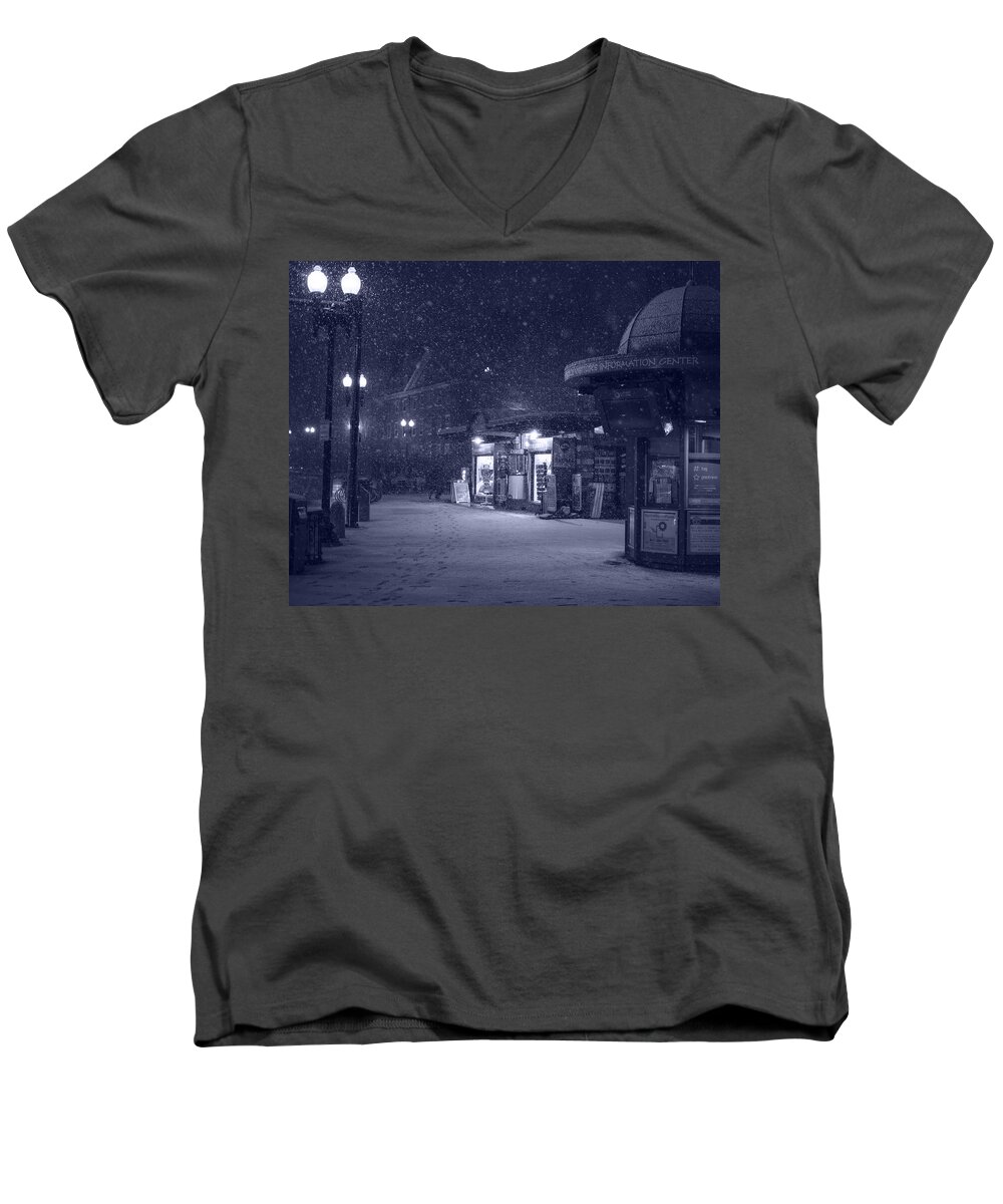Harvard Men's V-Neck T-Shirt featuring the photograph Snowfall in Harvard Square Cambridge MA Kiosk Monochrome Blue by Toby McGuire