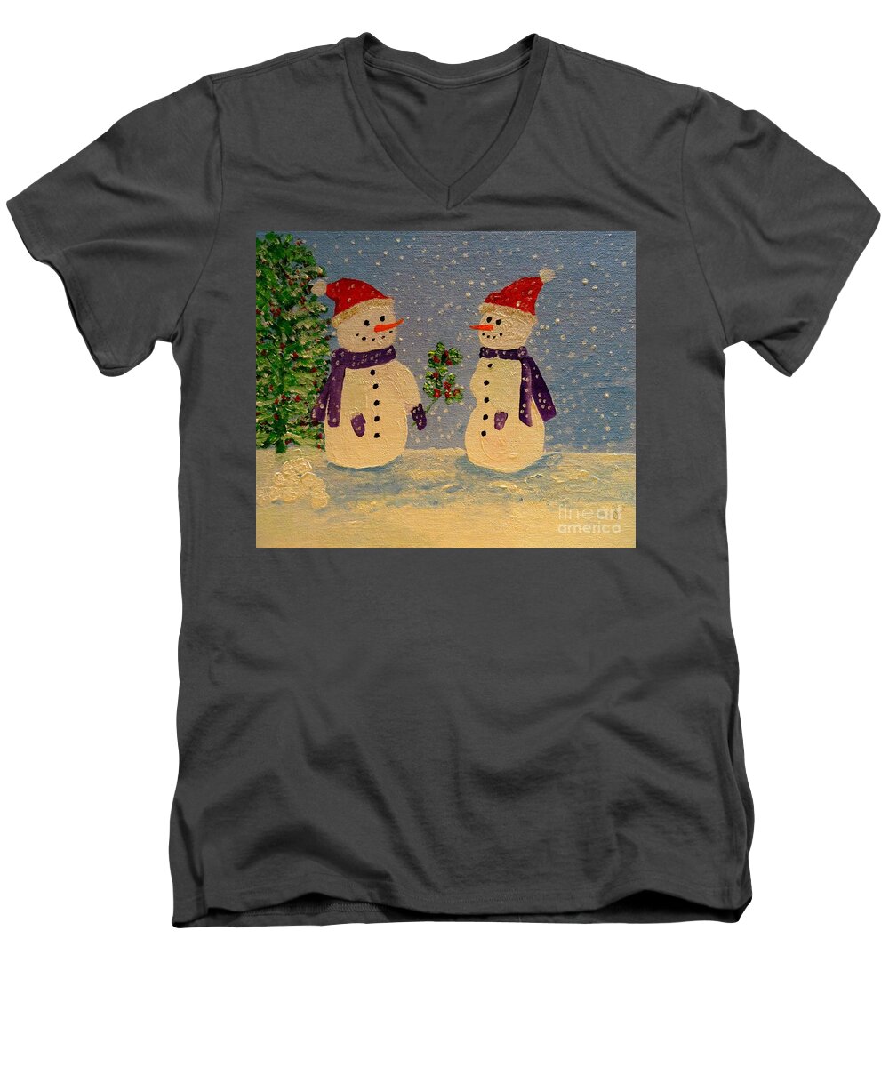 Snow Man Men's V-Neck T-Shirt featuring the painting Snow-People at Christmas by Karen Jane Jones