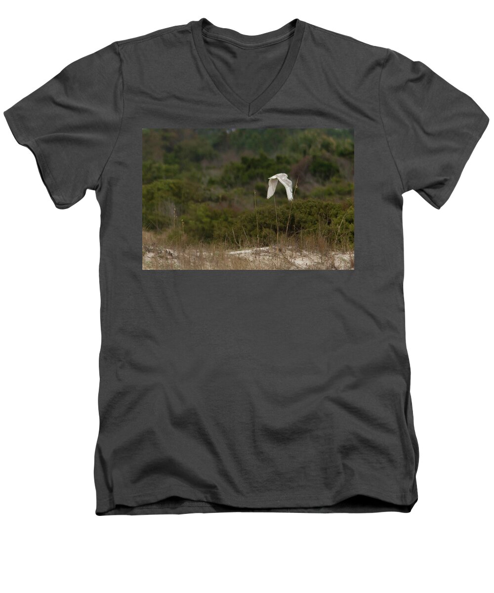 Snowy Owl Men's V-Neck T-Shirt featuring the photograph Snowy Owl Dune Flight by Paul Rebmann