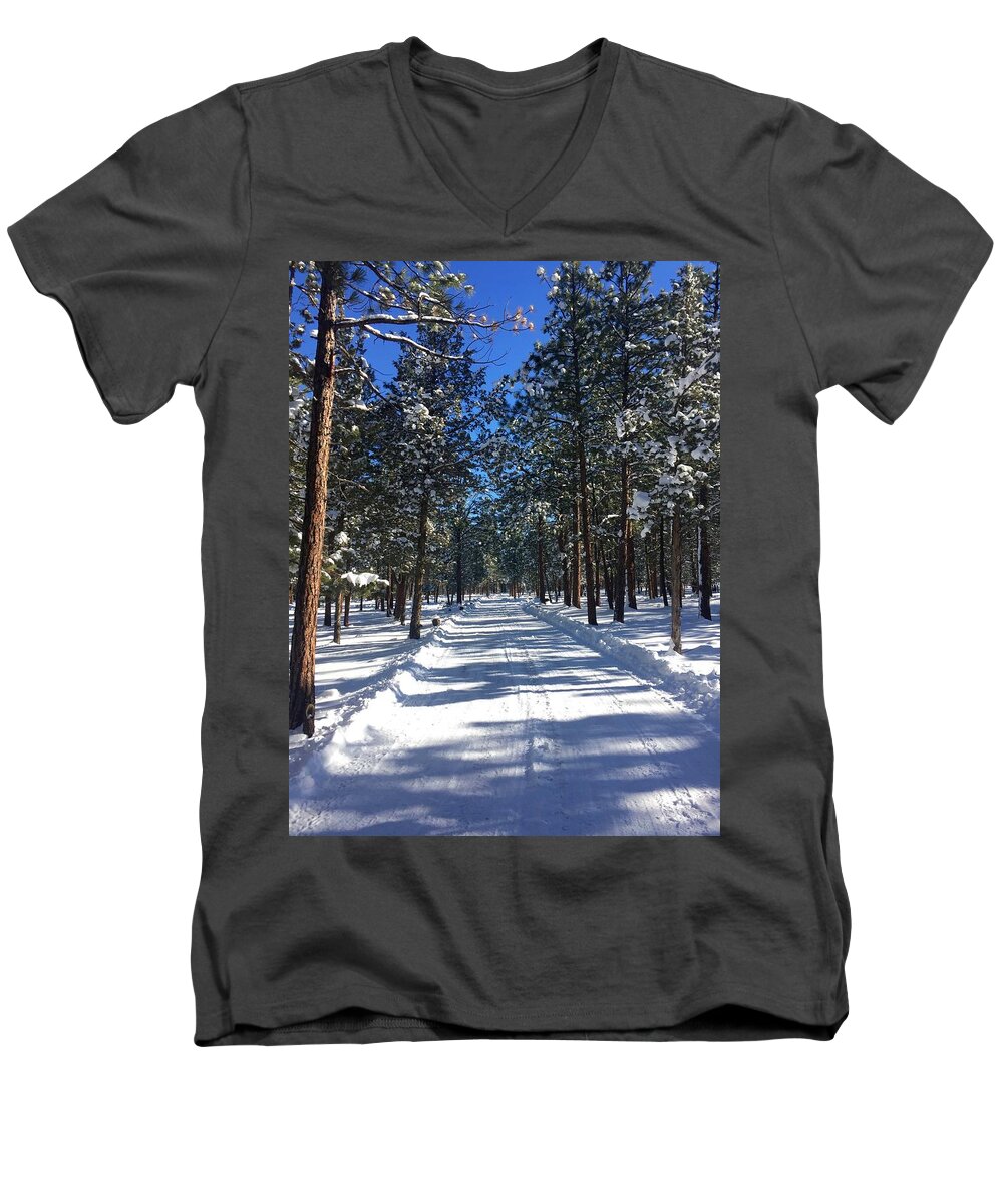 Snow Men's V-Neck T-Shirt featuring the photograph Snowy Road by Brian Eberly
