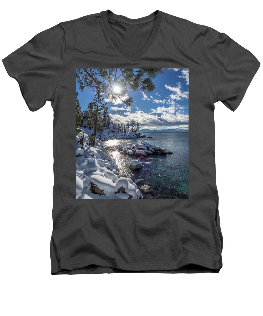 Lake Men's V-Neck T-Shirt featuring the photograph Snowy Tahoe by Martin Gollery