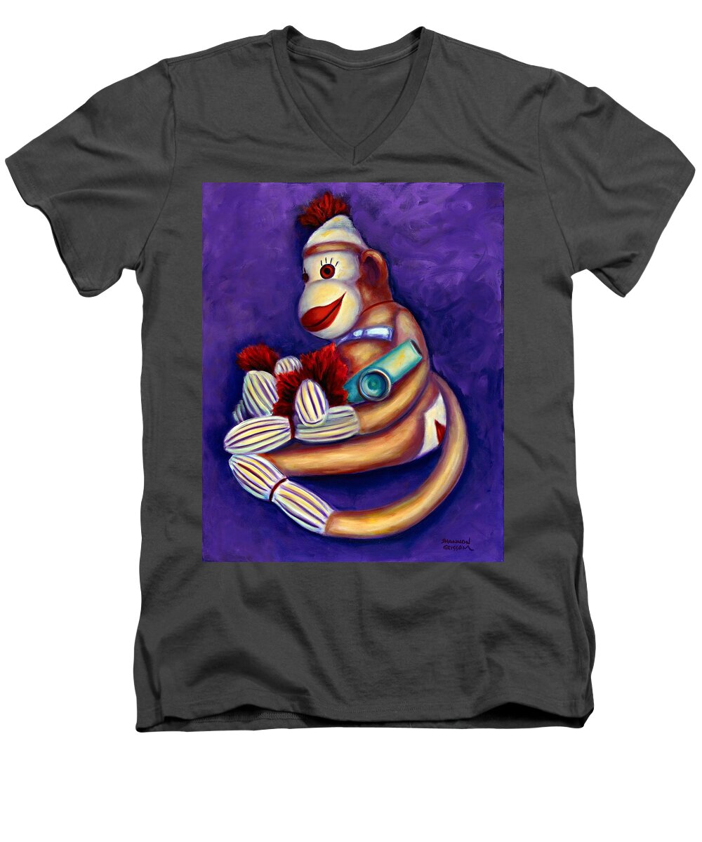 Children Men's V-Neck T-Shirt featuring the painting Sock Monkey With Kazoo by Shannon Grissom