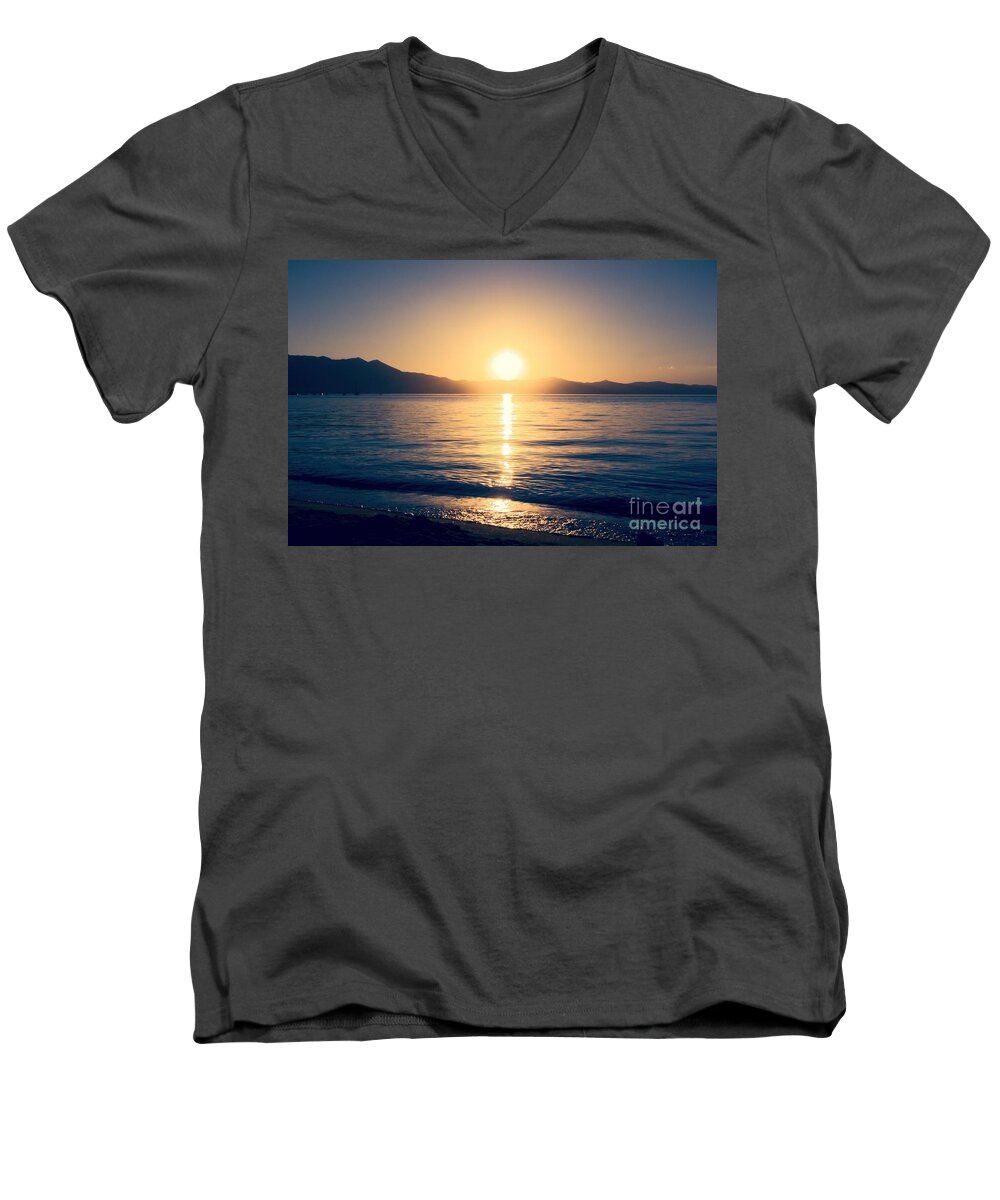 Soft Men's V-Neck T-Shirt featuring the photograph Soft Sunset Lake by Joe Lach