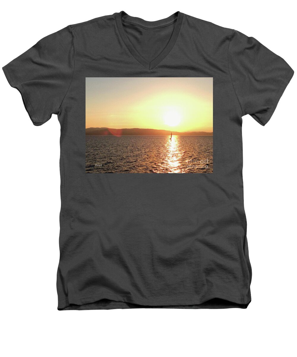 Sailboat On Water Men's V-Neck T-Shirt featuring the photograph Solitary Sailboat by Felipe Adan Lerma