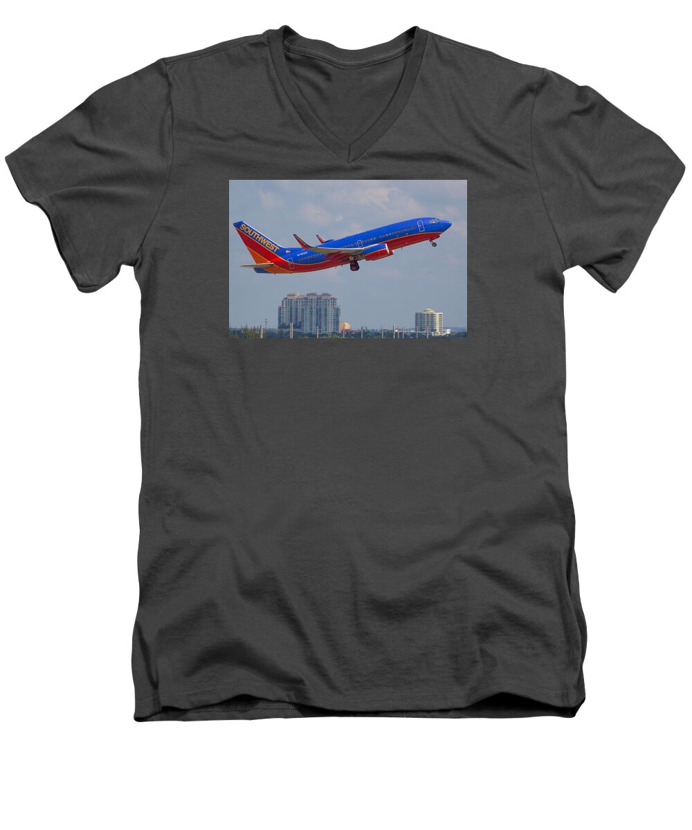 Airline Men's V-Neck T-Shirt featuring the photograph Southwest Airlines by Dart Humeston