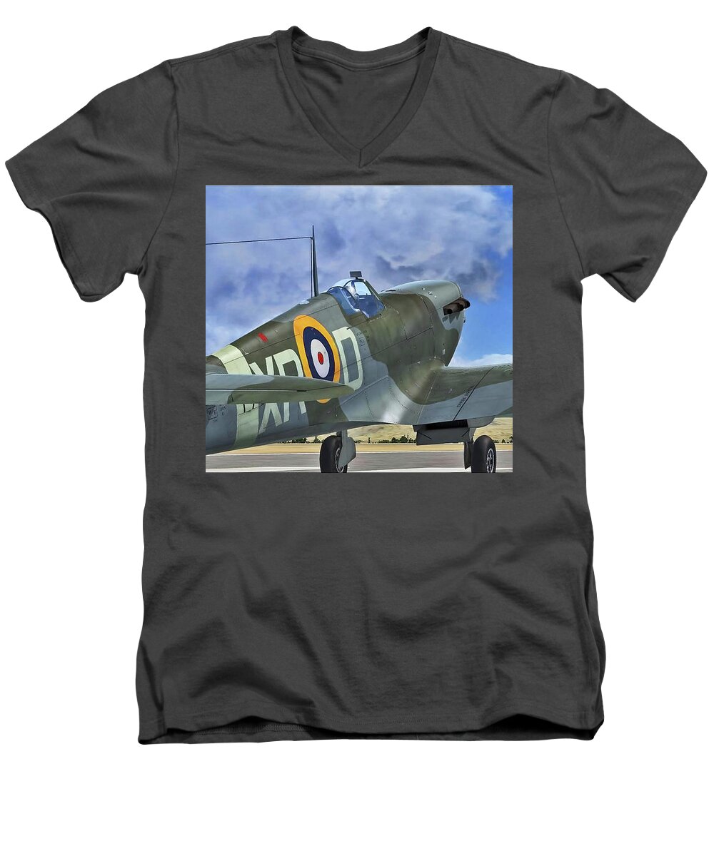 Aviation Men's V-Neck T-Shirt featuring the digital art Spitfire by Harold Zimmer