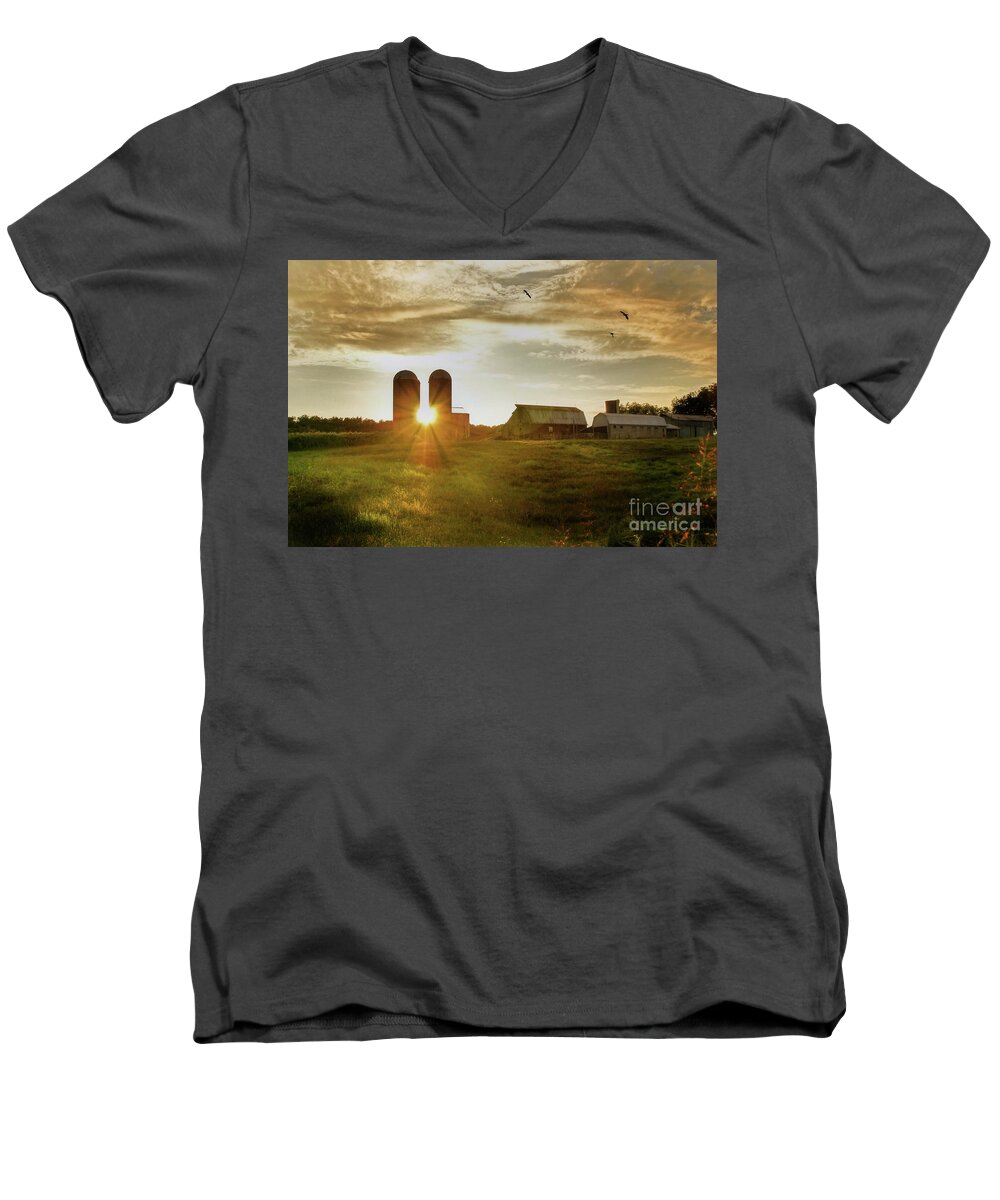 Dairy Farm Landscape Men's V-Neck T-Shirt featuring the photograph Split Silo Sunset by Benanne Stiens