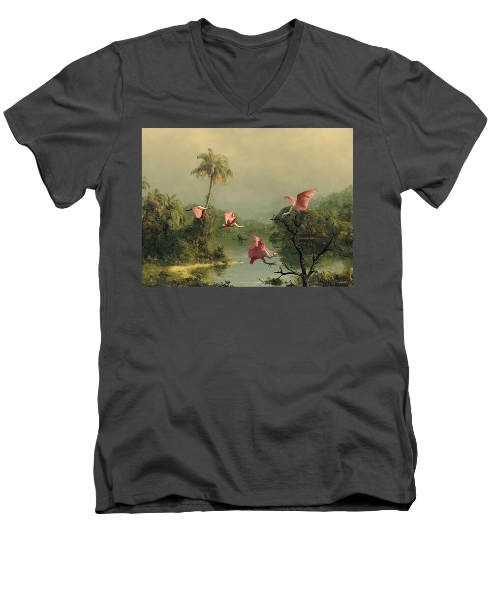 Birds Men's V-Neck T-Shirt featuring the digital art Spoonbills in the Mist by M Spadecaller