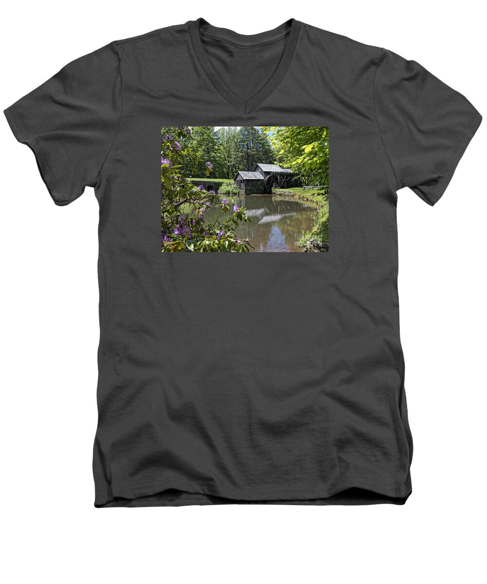 Mabry Men's V-Neck T-Shirt featuring the photograph Spring reflections of an Ancient Mill by Brenda Kean