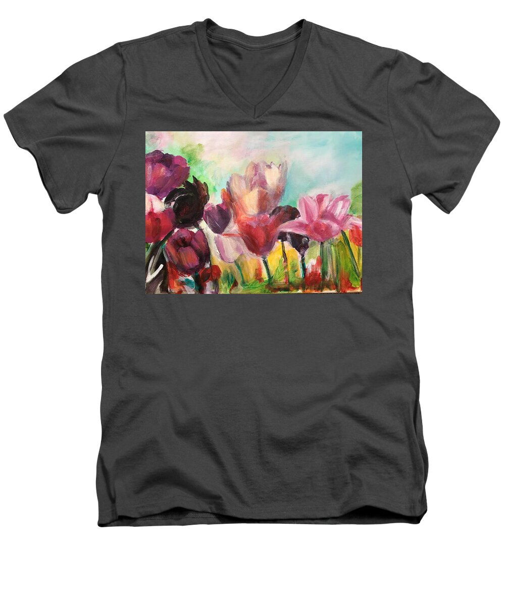 Tulips Men's V-Neck T-Shirt featuring the painting Spring Tulips by Denice Palanuk Wilson