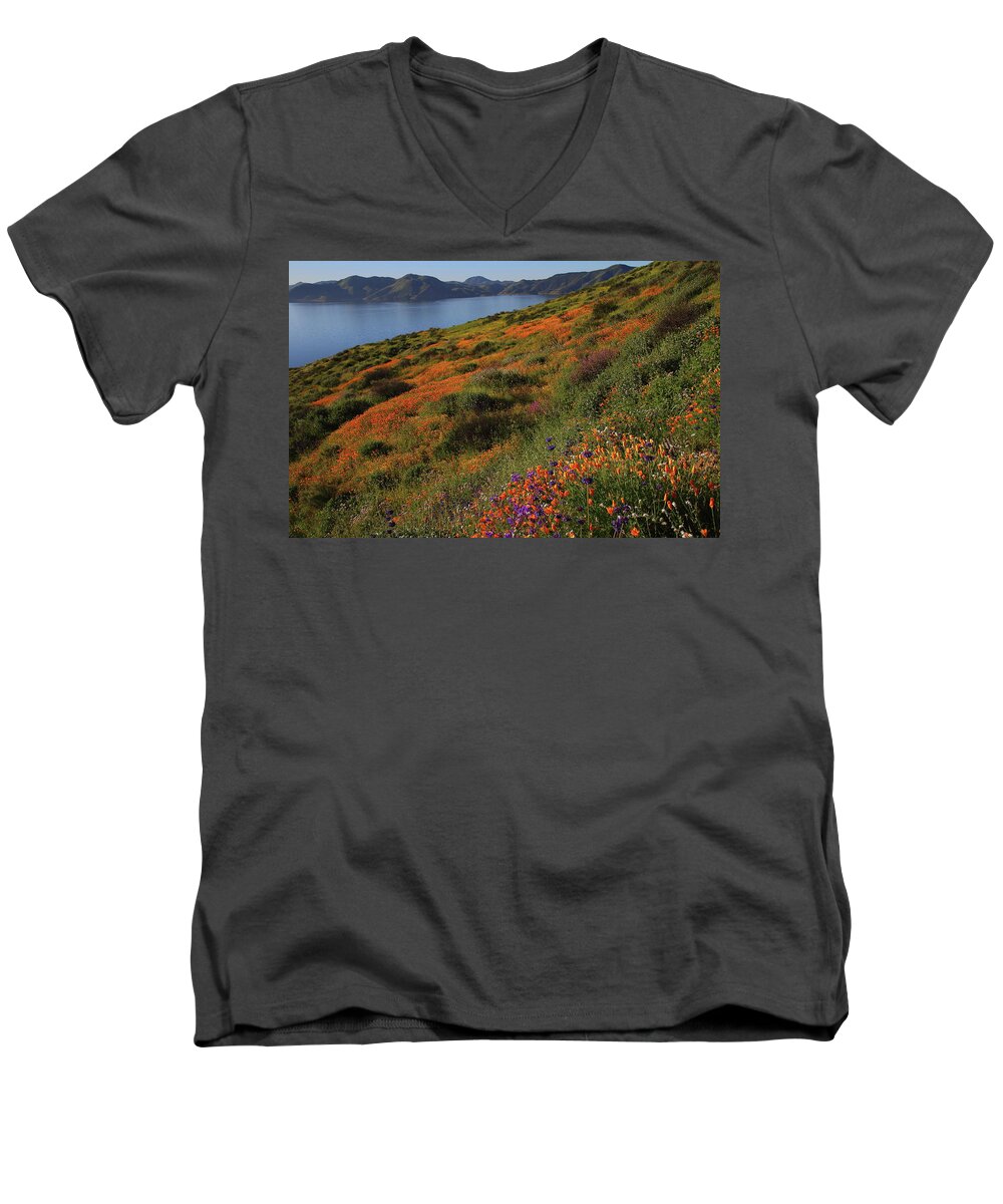 Wildflower Men's V-Neck T-Shirt featuring the photograph Spring wildflower season at Diamond Lake in California by Jetson Nguyen