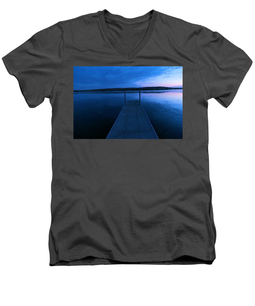 Dock Men's V-Neck T-Shirt featuring the photograph Springbrook lake at dawn by Jeff Swan