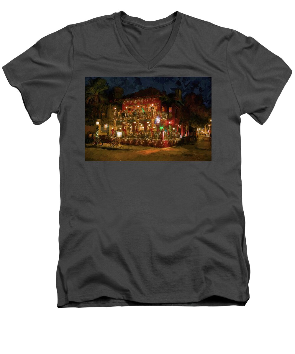  St. Augustine # Oil Painting #oil Paintings Meehan's Pub # Architecture #nights Of Lights # Oldest City# St. Augustine Pub # Historic # Holiday Display #florida's Northeastern Florida # Meehan's Pub Men's V-Neck T-Shirt featuring the photograph St. Augustine Meehan's pub by Louis Ferreira