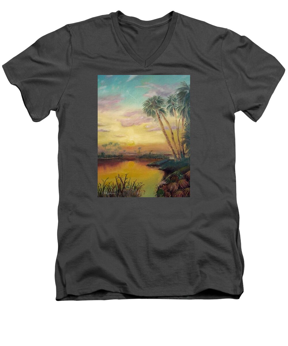 River Men's V-Neck T-Shirt featuring the painting St. Johns Sunset by Dawn Harrell